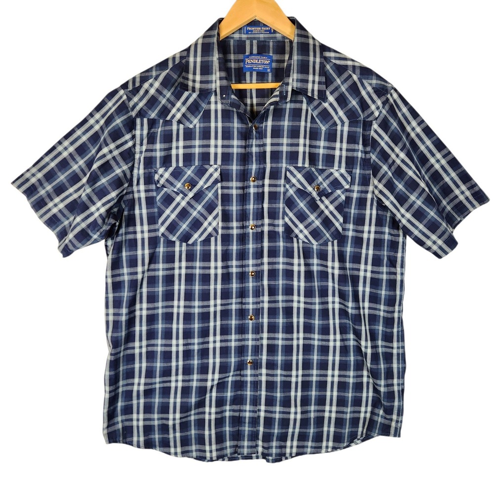 Pendleton Frontier Shirt Men's Large Blue Plaid Short Sleeve Western Pearl Snap
